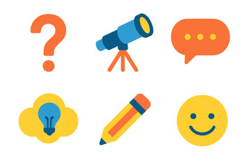 Curious Icon Collection. Curious Mindset flat icon set: question mark, telescope, chat bubble, idea cloud, pencil, smile