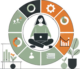 Woman working on laptop surrounded by circular infographic representing business analytics and data