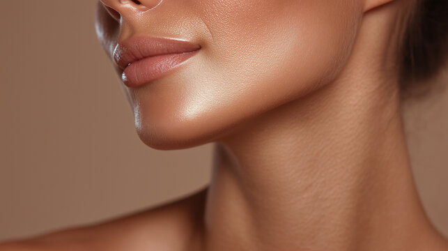 Smooth glowing skin close up of female face jawline lips and neck under warm golden lighting healthy complexion beauty skincare sensual soft focus