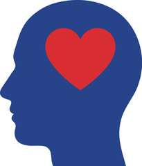 A blue human head silhouette with a vibrant red heart inside symbolizing love and thought on transparent background