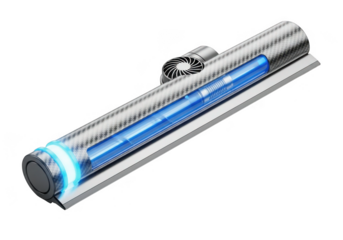 Futuristic silver cylinder with blue glowing light isolated on transparent background