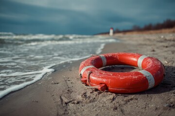 Obraz premium Emergency Life Ring on Beach for Flooding Safety and Disaster Plan