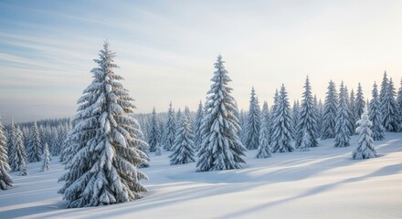 Fototapeta premium Coniferous forest covered in thick snow blanket bathed in bright daylight
