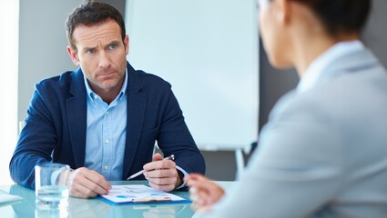 Concerned client engages in a focused business discussion across a conference table.