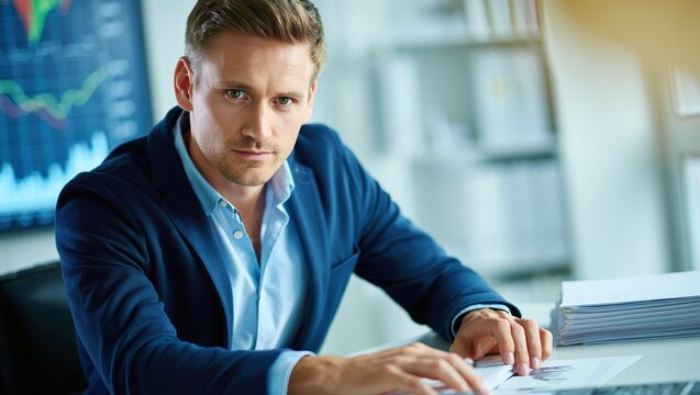 Risk manager reviews reports and charts in a modern office setting at desk.