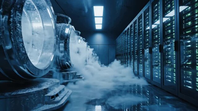 Futuristic Cryogenic Data Center - The video depicts a high-tech cryogenic data center, featuring partially frozen cylindrical containers surrounded by a misty cloud of fog.