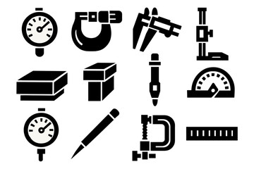 Fototapeta premium Machinist Tool Icons. Machinist Precision Tools silhouette icon set: dial indicator, micrometer, caliper, height gauge, surface plate, gauge block, edge finder, protractor, test