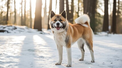 Majestic Akita Dog Standing Alertly in a Sunny, Snow-Covered Forest