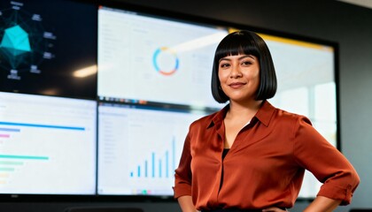 Confident businesswoman standing in front of a large screen with data charts and graphs. Professional data analyst in a modern corporate office