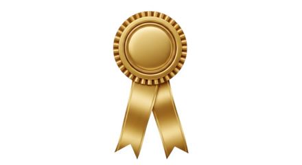 Golden award ribbon rosette with blank center and two flowing ribbons, isolated on transparent background