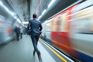 Man in Suit Sprinting Through Underground Metro Station Busy Commute
