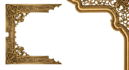 Ornate golden decorative frame corners with intricate carvings, isolated on transparent background