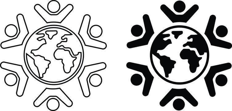 People holding hands around the world one in black outline and the other silhouette representing global unity 