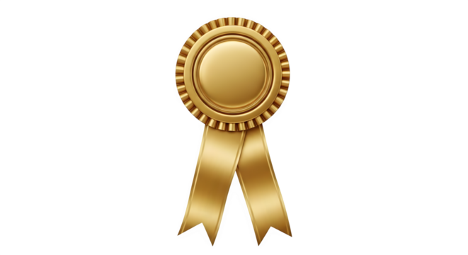 Golden award ribbon rosette with blank center and two flowing ribbons, isolated on transparent background