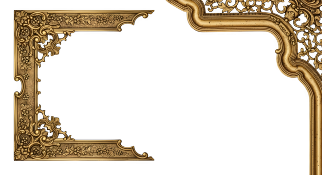 Ornate golden decorative frame corners with intricate carvings, isolated on transparent background - Powered by Adobe