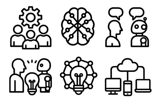 Collaborative Intelligence Icons. Collaborative Intelligence linear icon set. teamwork gear, neural network, human and robot working together, idea exchange, innovation hub