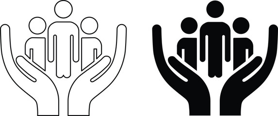 Cupped hands holding a group of people silhouette vector symbolizing care protection and community support 