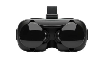 Black VR headset, top-down view, with strap and large lenses against a black background
