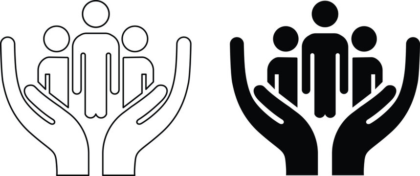 Cupped hands holding a group of people silhouette vector symbolizing care protection and community support