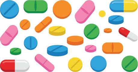 Colorful assortment of various pills and capsules scattered randomly ideal for medical designs on transparent background