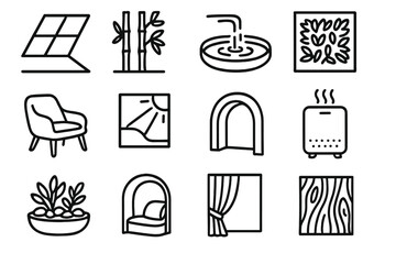 Wellness Architecture Icons. Wellness Architecture linear icon set: skylight, bamboo screen, water feature, green wall, organic furniture, sunlight flow, curved arch, air purifier