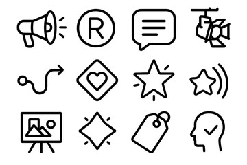 Iconic Brand Elements. Brand Promotion Set linear icon set: loudspeaker, brand mark, storytelling bubble, spotlight icon, customer path line, value message, highlight star