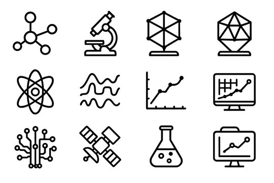 Science Icons Collage. Scientific Visualization Tools linear icon set. molecular model, microscope, hologram, 3D structure, atom, graph chart, data grid, satellite, circuit board
