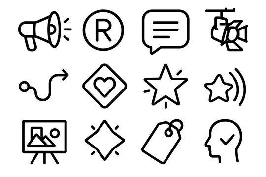 Iconic Brand Elements. Brand Promotion Set linear icon set: loudspeaker, brand mark, storytelling bubble, spotlight icon, customer path line, value message, highlight star