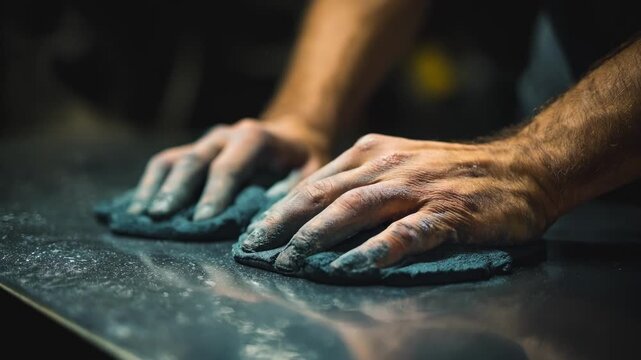 Closeup of hands applying highperformance polishing slurries on metal surface highlighting the smooth finish created by advanced fine abrasives.