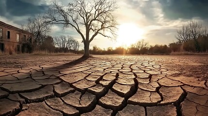 Dry cracked earth with solitary tree at sunset high resolution image