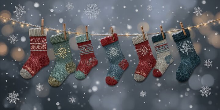 Cozy Holiday Charm: Knitted Stockings with Snowflakes and Twinkling Lights