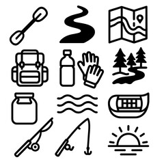 Paddling Adventure Icons. Outdoor Paddling Trip linear icon set: kayak paddle, river bend, navigation map, forest background, camp gear, water bottle, gloves, waves, canoe seat