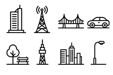 Modern Urban Skyline. Metropolitan landscape concept linear icon set: skyscraper, tower, bridge, car, park, antenna, skyline, streetlight , modern urban design with clean lines