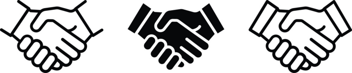 Silhouette handshake symbol representing agreement and partnership shown in different graphic styles including line art and solid fill