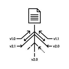Line art icon illustrating file version control flow with multiple branches and revisions pointing to a document