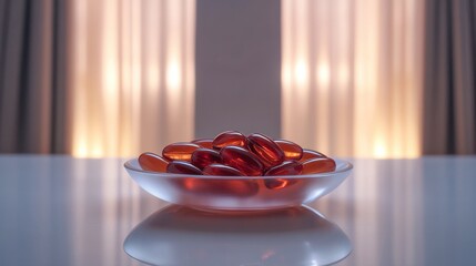 Close up of a clear bowl filled with red capsules on a reflective surface with curtains behind it