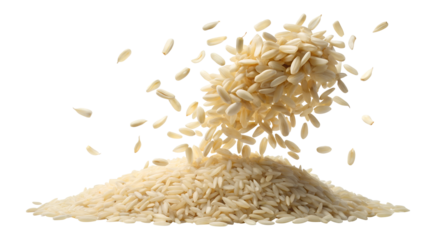 Falling white rice grains create a dynamic food display on transparent background PNG