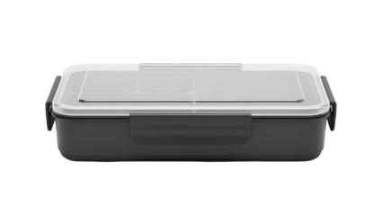 A rectangular lunch container with a clear, divided lid, clipped shut