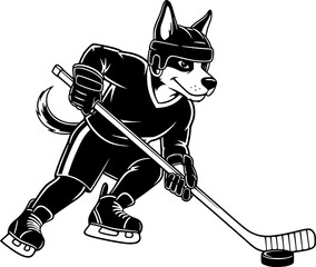 Monochrome silhouette of a playful dog playing ice hockey, a cute canine athlete mascot on skates with a stick and puck.
