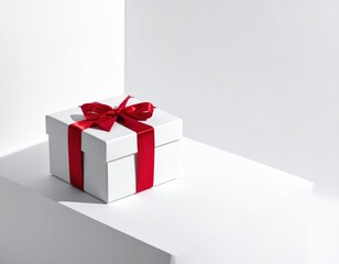 Obraz premium White gift box tied with a bright red ribbon bow sits cleanly on a simple white stage in a bright studio setting.