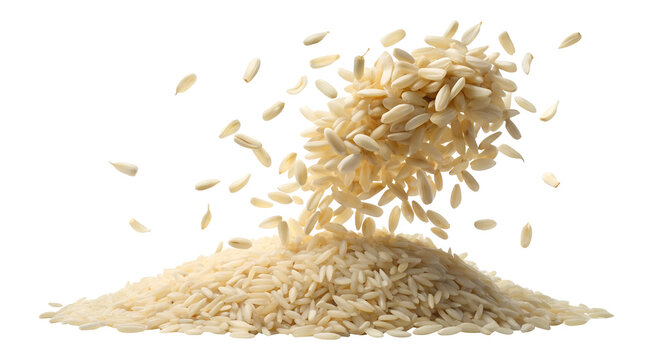 Falling white rice grains create a dynamic food display on transparent background PNG