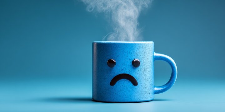 Blue Mug with Sad Face and Rising Steam on Bright Blue Background