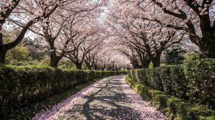 Naklejka premium Perspective view of a country lane leading under a romantic archway of pink cherry blossoms on a sunny spring day