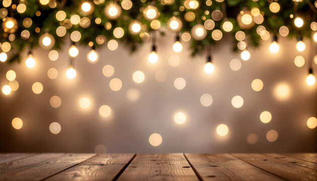 The rustic wooden table with festive bokeh background during a holiday celebration.