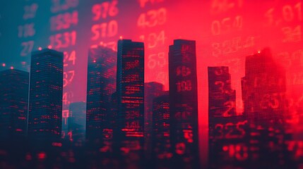 A futuristic cityscape illuminated in red, showcasing tall buildings and digital stock market data, creating a dramatic, tech-inspired atmosphere.