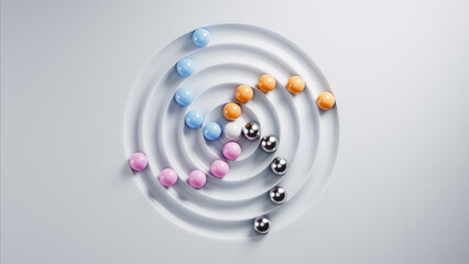 Colorful spheres rolling towards center of white spiral target