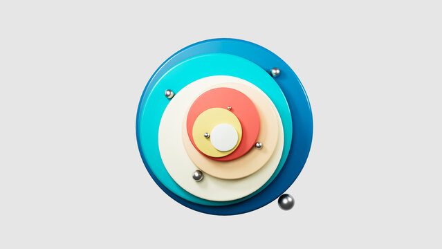 Colorful concentric circles creating visual target with metallic spheres - Powered by Adobe