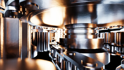 Complex engine gears rotating smoothly in a close up view