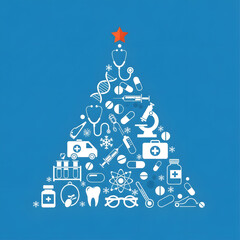 Christmas tree made of medical icons on a blue background with a red star at the top of the tree. Christmas creative post add