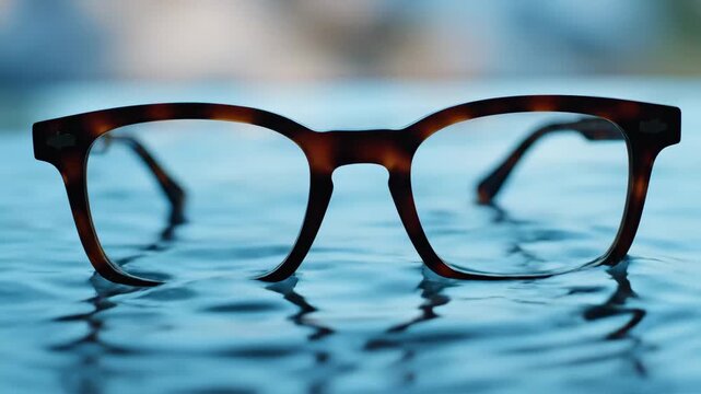 Glasses Floating in Water - A pair of tortoiseshell-patterned eyeglasses floats on the surface of clear, rippling water.